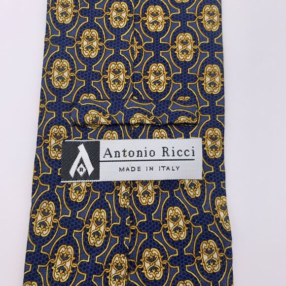 ANTONIO RICCI Men's Blue Geometric Medallions Made in ITALY 100% Silk Neck Tie - Picture 4 of 10